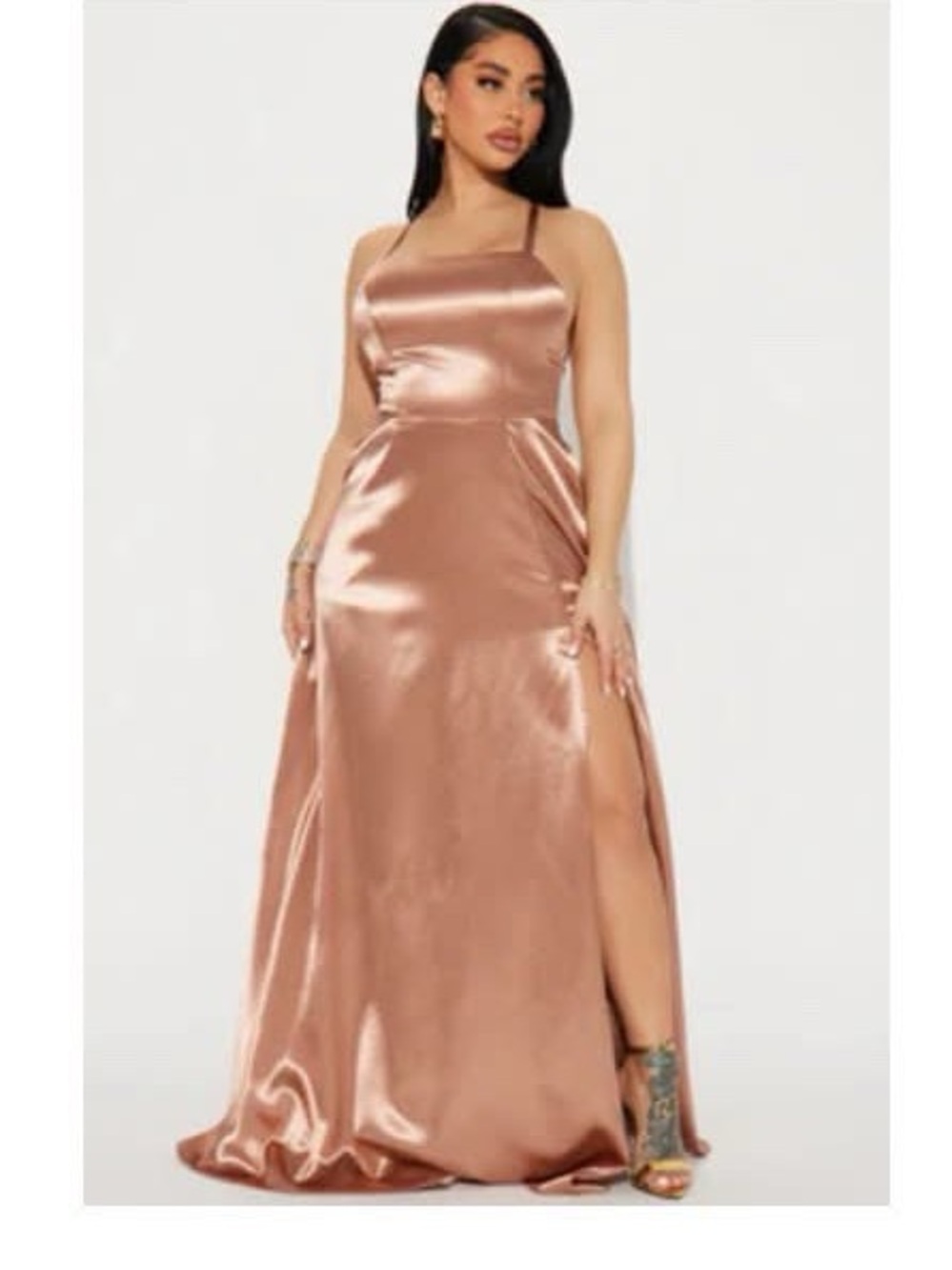 Fashion Nova Rose Gold Satin Maxi Gown with Side Slit
